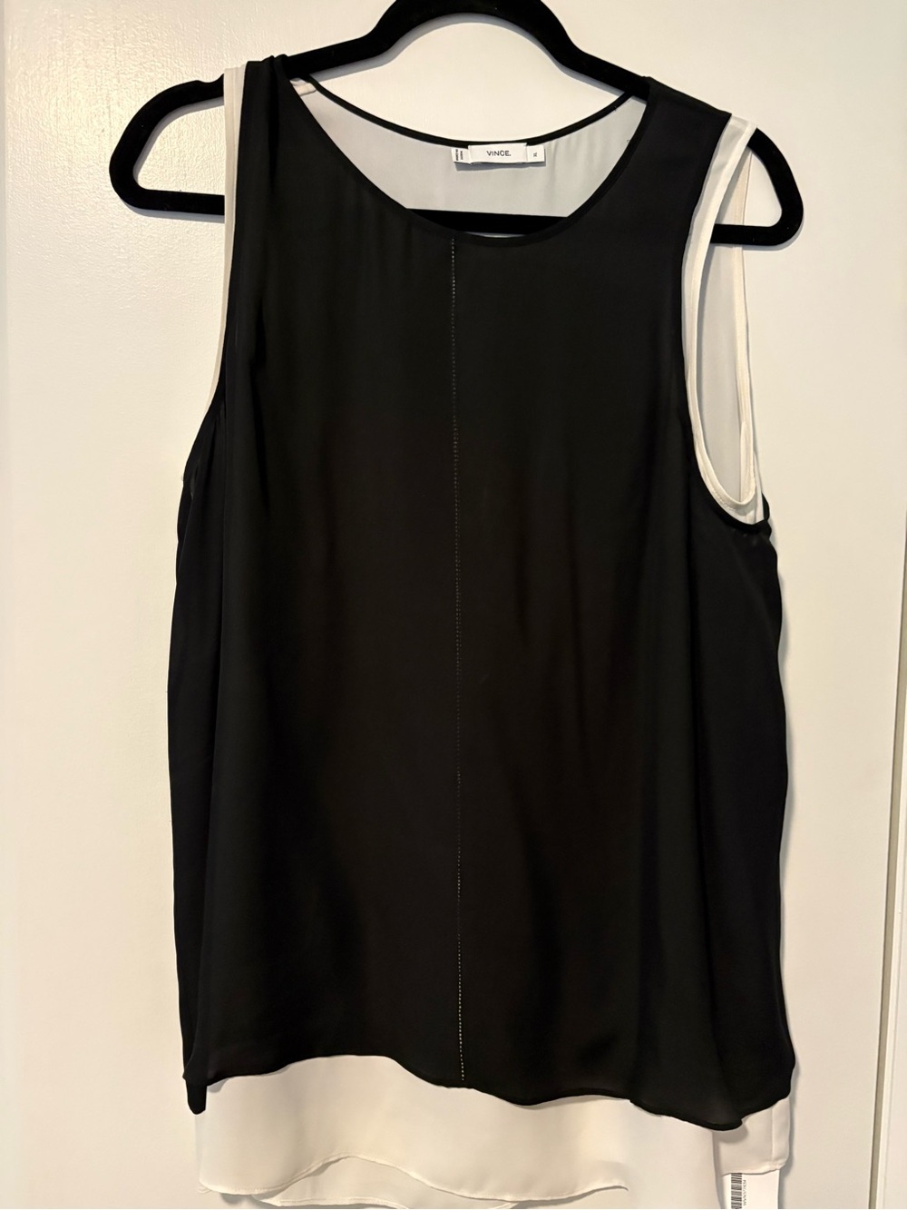VINCE Black Sleeveless Blouse Top with White Hem Detail XL